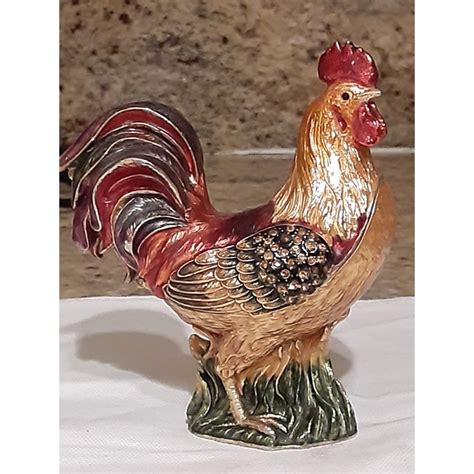 Vintage Hand Painted Resin & Metal Rooster Trinket Box Figurine